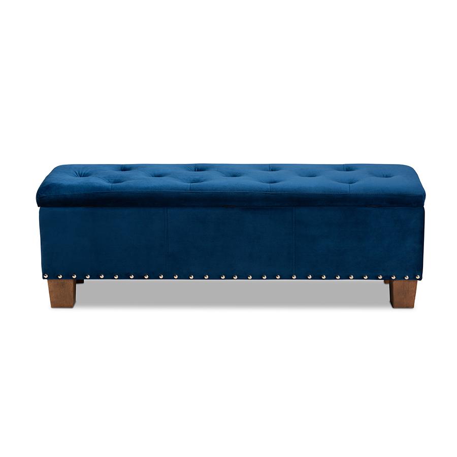 Navy Blue Velvet Fabric Upholstered Button-Tufted Storage Ottoman Bench. Picture 5