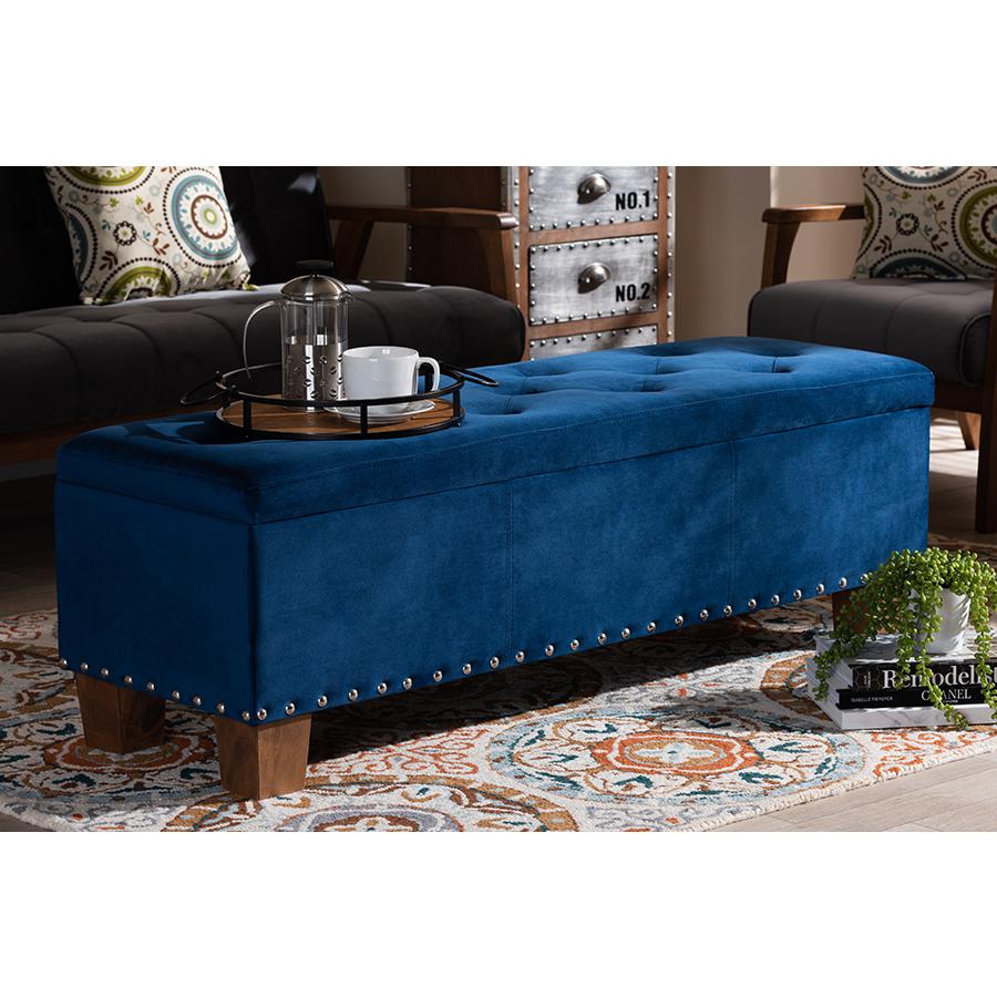 Baxton Studio Hannah Modern and Contemporary Navy Blue Velvet Fabric Upholstered Button-Tufted Storage Ottoman Bench. Picture 2