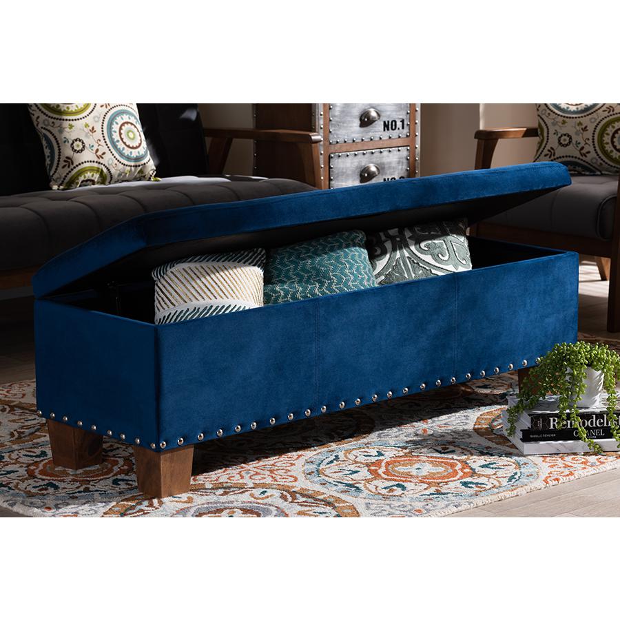 Navy Blue Velvet Fabric Upholstered Button-Tufted Storage Ottoman Bench. Picture 9