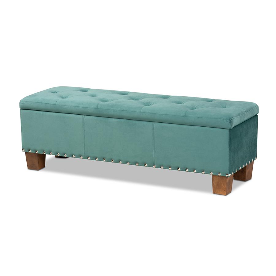 Teal Blue Velvet Fabric Upholstered Button-Tufted Storage Ottoman Bench. Picture 1