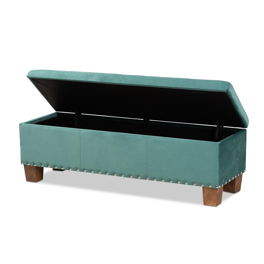 Teal Blue Velvet Fabric Upholstered Button-Tufted Storage Ottoman Bench. Picture 2