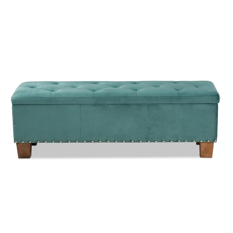 Teal Blue Velvet Fabric Upholstered Button-Tufted Storage Ottoman Bench. Picture 3