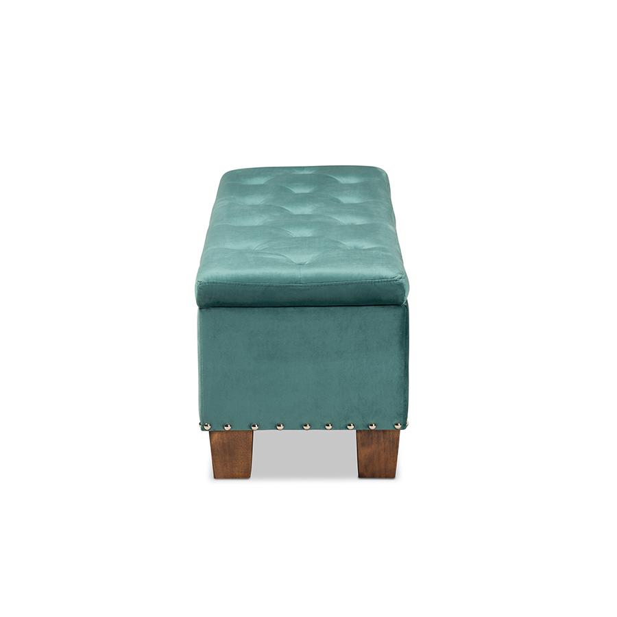 Teal Blue Velvet Fabric Upholstered Button-Tufted Storage Ottoman Bench. Picture 4