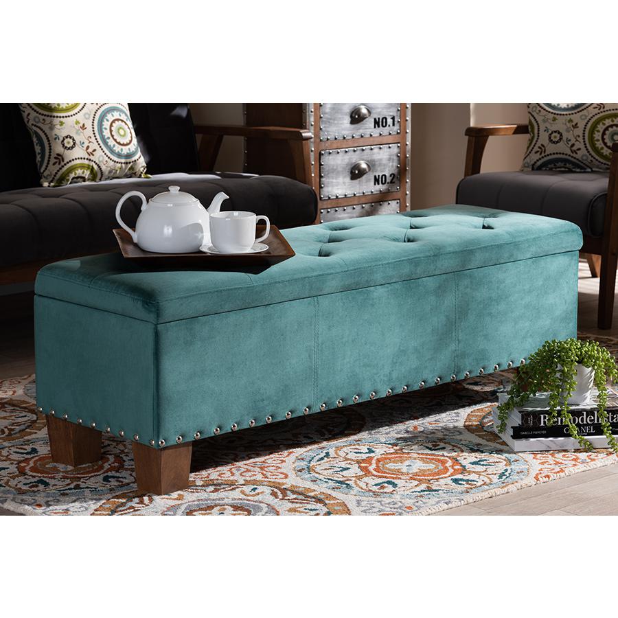 Baxton Studio Hannah Modern and Contemporary Teal Blue Velvet Fabric Upholstered Button-Tufted Storage Ottoman Bench. Picture 2
