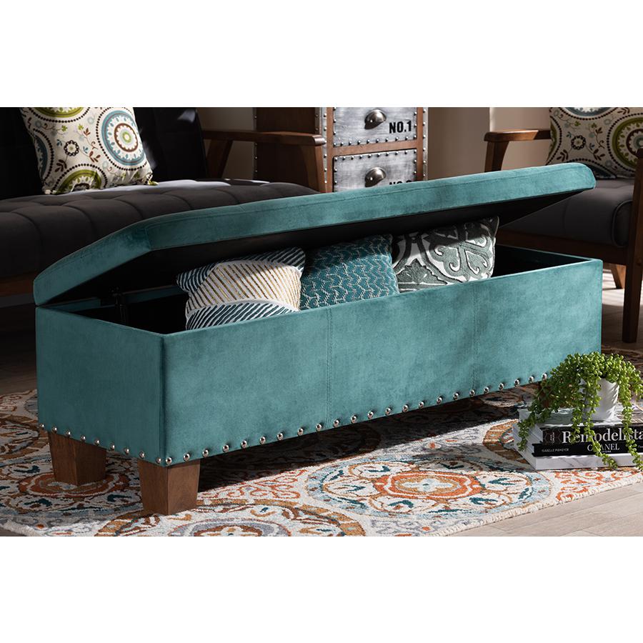 Teal Blue Velvet Fabric Upholstered Button-Tufted Storage Ottoman Bench. Picture 9
