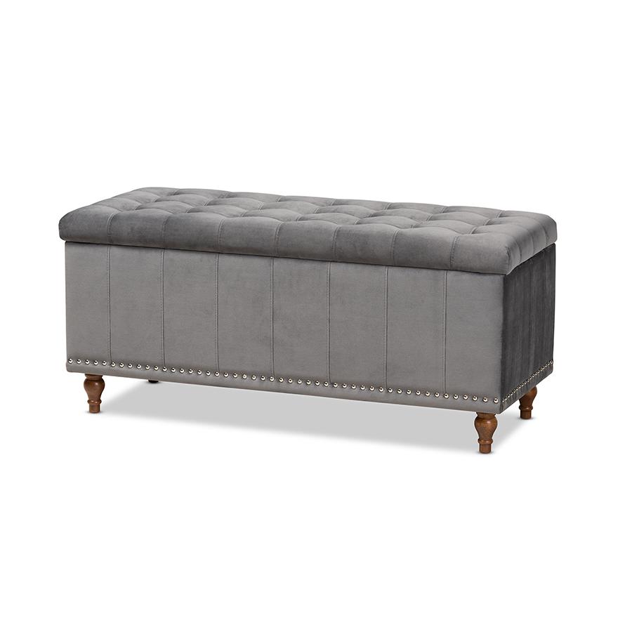 Grey Velvet Fabric Upholstered Button-Tufted Storage Ottoman Bench. Picture 1
