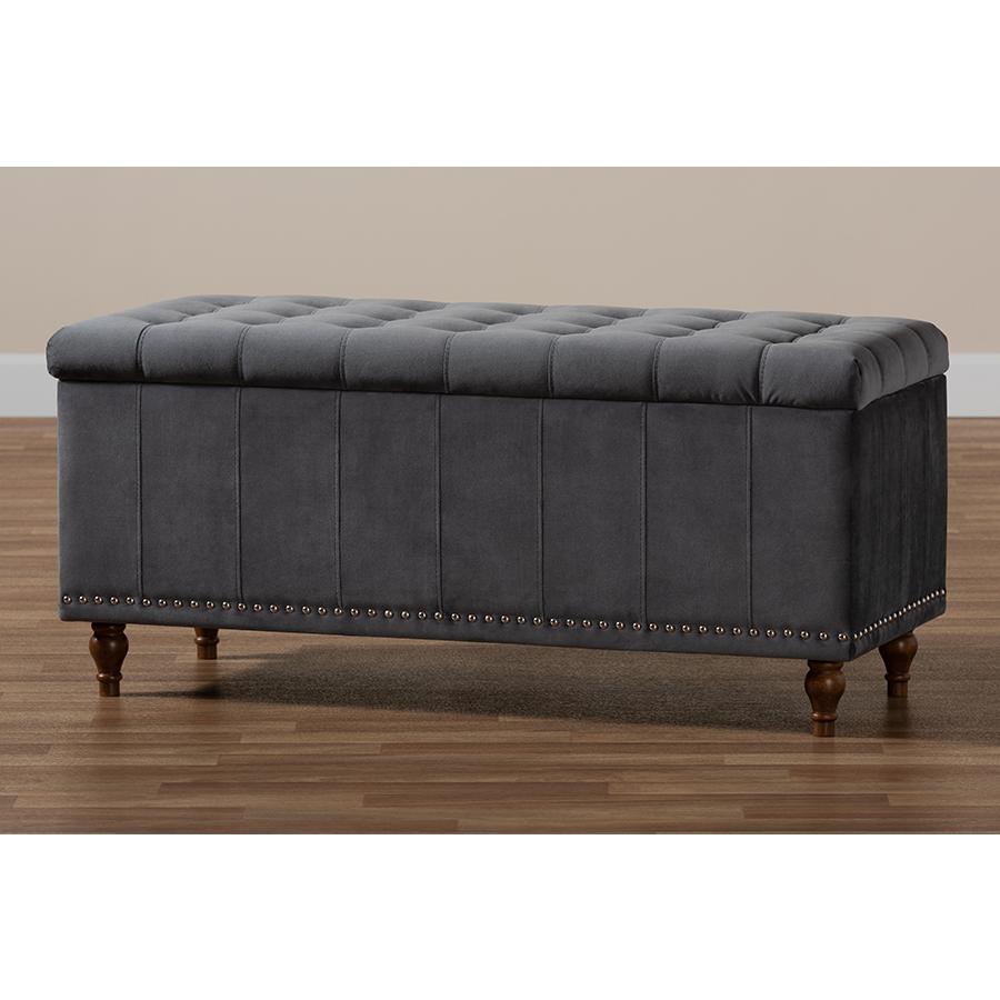 Grey Velvet Fabric Upholstered Button-Tufted Storage Ottoman Bench. Picture 10