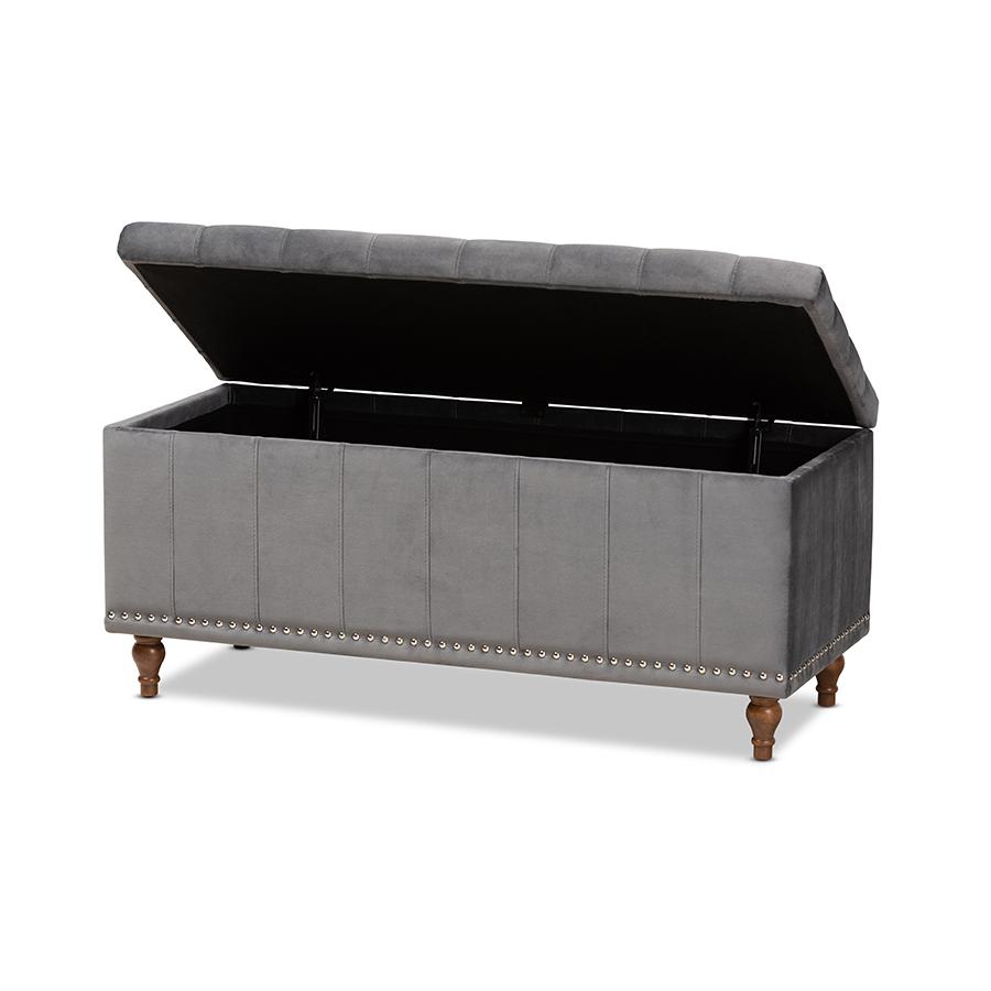 Baxton Studio Kaylee Modern and Contemporary Grey Velvet Fabric Upholstered Button-Tufted Storage Ottoman Bench. Picture 3