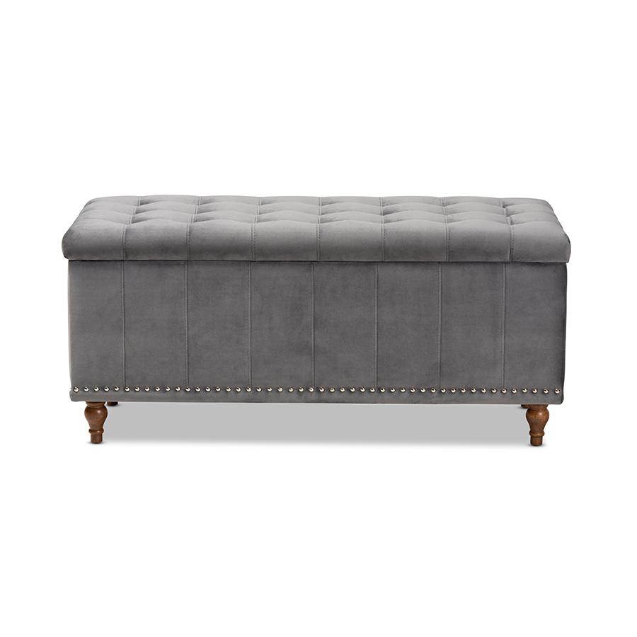 Grey Velvet Fabric Upholstered Button-Tufted Storage Ottoman Bench. Picture 3