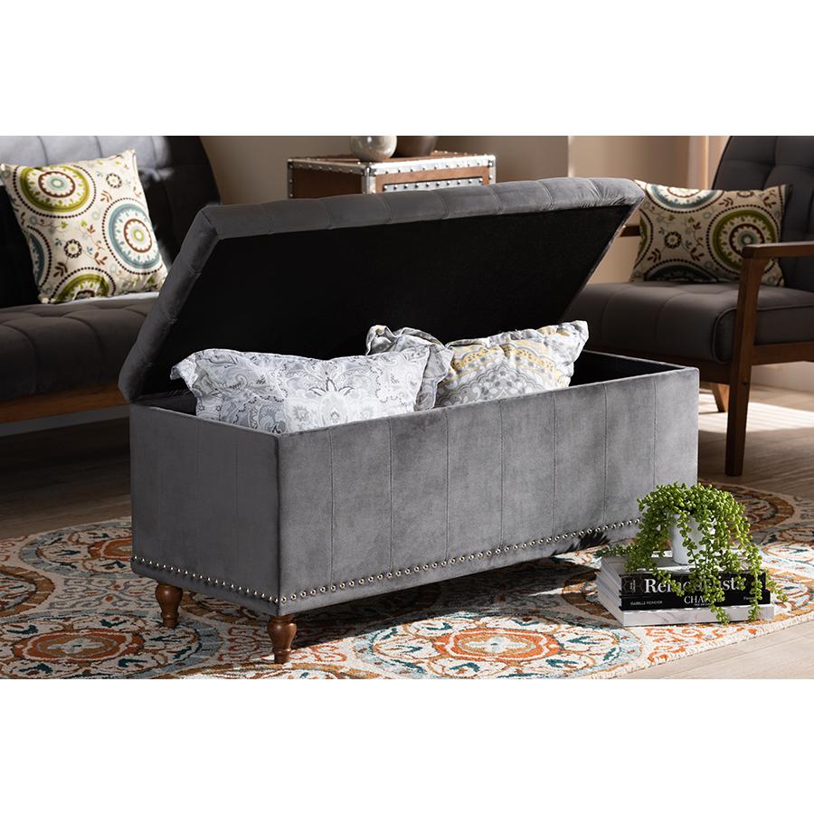 Grey Velvet Fabric Upholstered Button-Tufted Storage Ottoman Bench. Picture 9