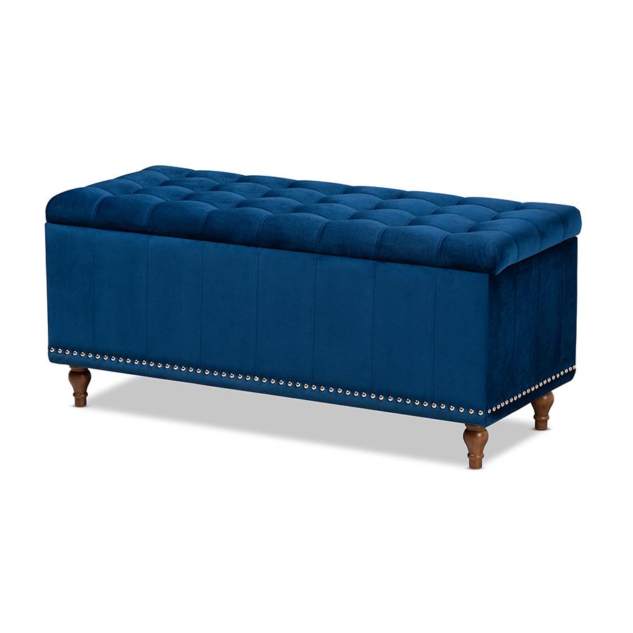 Navy Blue Velvet Fabric Upholstered Button-Tufted Storage Ottoman Bench. Picture 1