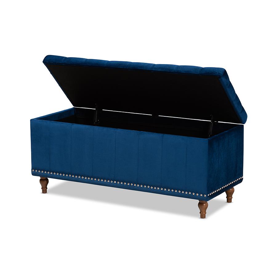 Navy Blue Velvet Fabric Upholstered Button-Tufted Storage Ottoman Bench. Picture 2