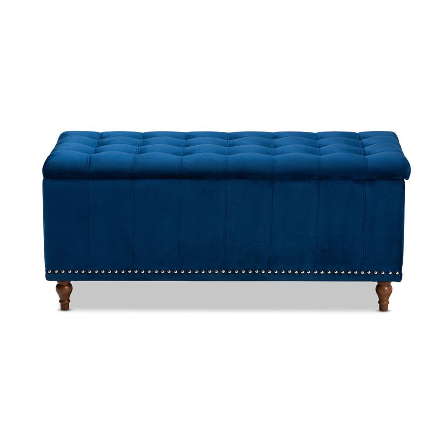 Navy Blue Velvet Fabric Upholstered Button-Tufted Storage Ottoman Bench. Picture 3
