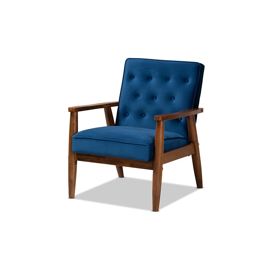 Baxton Studio Sorrento Mid-century Modern Navy Blue Velvet Fabric Upholstered Walnut Finished Wooden Lounge Chair. Picture 1