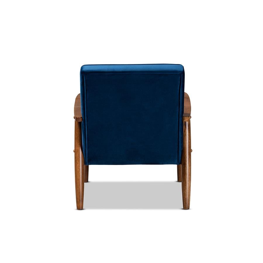 Baxton Studio Sorrento Mid-century Modern Navy Blue Velvet Fabric Upholstered Walnut Finished Wooden Lounge Chair. Picture 5