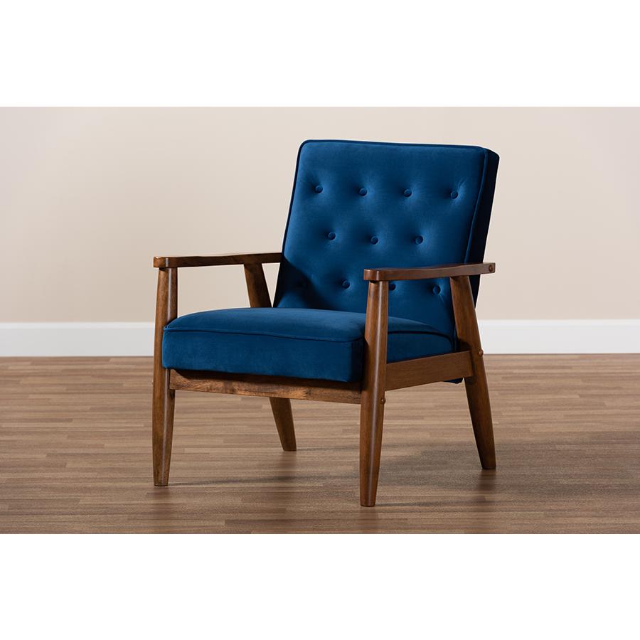 Baxton Studio Sorrento Mid-century Modern Navy Blue Velvet Fabric Upholstered Walnut Finished Wooden Lounge Chair. Picture 9
