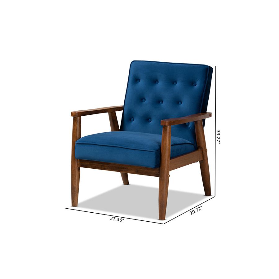 Baxton Studio Sorrento Mid-century Modern Navy Blue Velvet Fabric Upholstered Walnut Finished Wooden Lounge Chair. Picture 10
