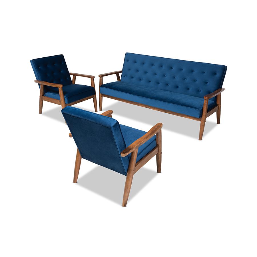 Baxton Studio Sorrento Mid-century Modern Navy Blue Velvet Fabric Upholstered Walnut Finished 3-Piece Wooden Living Room Set. Picture 1