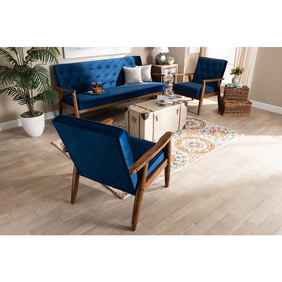 Baxton Studio Sorrento Mid-century Modern Navy Blue Velvet Fabric Upholstered Walnut Finished 3-Piece Wooden Living Room Set. Picture 2