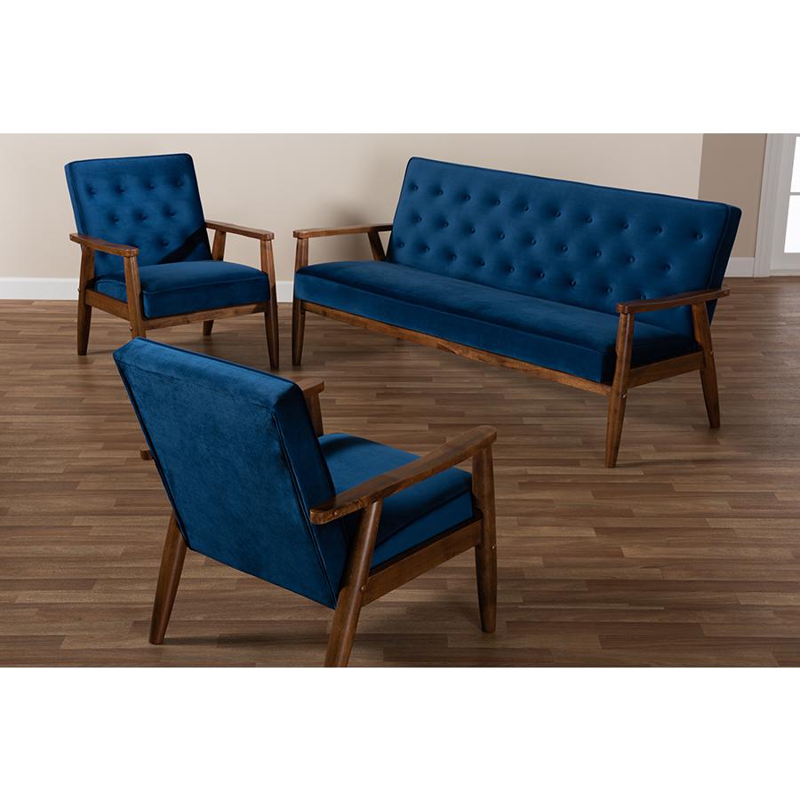 Baxton Studio Sorrento Mid-century Modern Navy Blue Velvet Fabric Upholstered Walnut Finished 3-Piece Wooden Living Room Set. Picture 8
