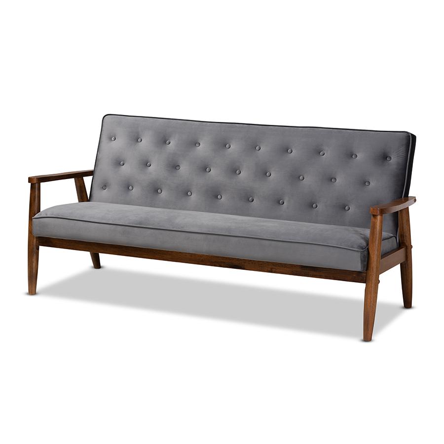 Baxton Studio Sorrento Mid-century Modern Grey Velvet Fabric Upholstered Walnut Finished Wooden 3-seater Sofa. Picture 1