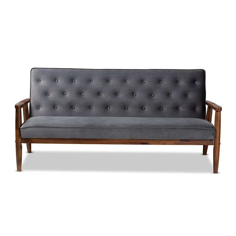 Baxton Studio Sorrento Mid-century Modern Grey Velvet Fabric Upholstered Walnut Finished Wooden 3-seater Sofa. Picture 3