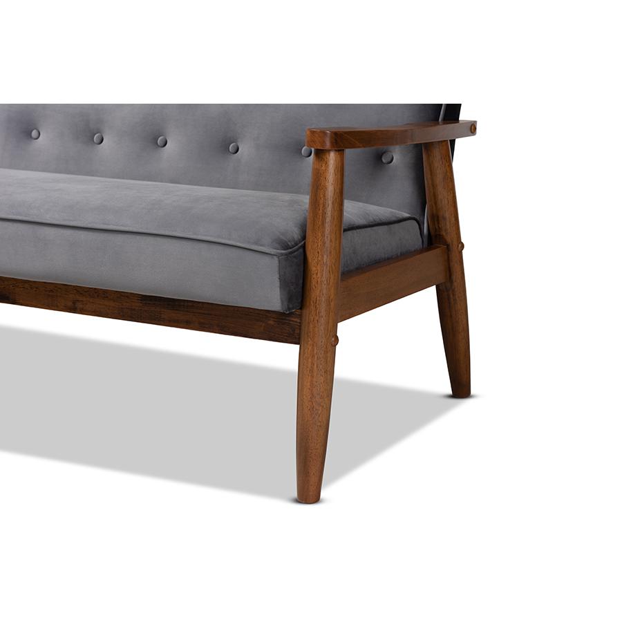 Baxton Studio Sorrento Mid-century Modern Grey Velvet Fabric Upholstered Walnut Finished Wooden 3-seater Sofa. Picture 7