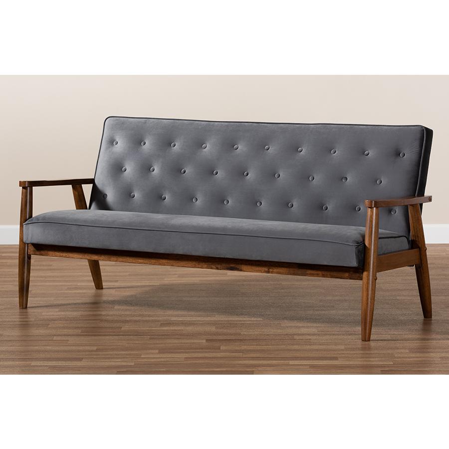 Baxton Studio Sorrento Mid-century Modern Grey Velvet Fabric Upholstered Walnut Finished Wooden 3-seater Sofa. Picture 9
