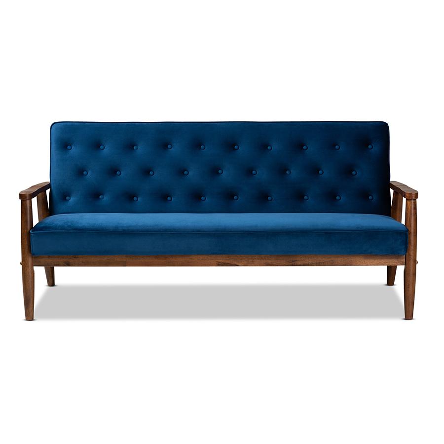 Baxton Studio Sorrento Mid-century Modern Navy Blue Velvet Fabric Upholstered Walnut Finished Wooden 3-seater Sofa. Picture 3