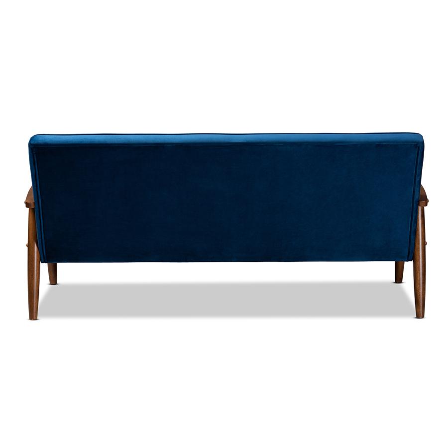Baxton Studio Sorrento Mid-century Modern Navy Blue Velvet Fabric Upholstered Walnut Finished Wooden 3-seater Sofa. Picture 5