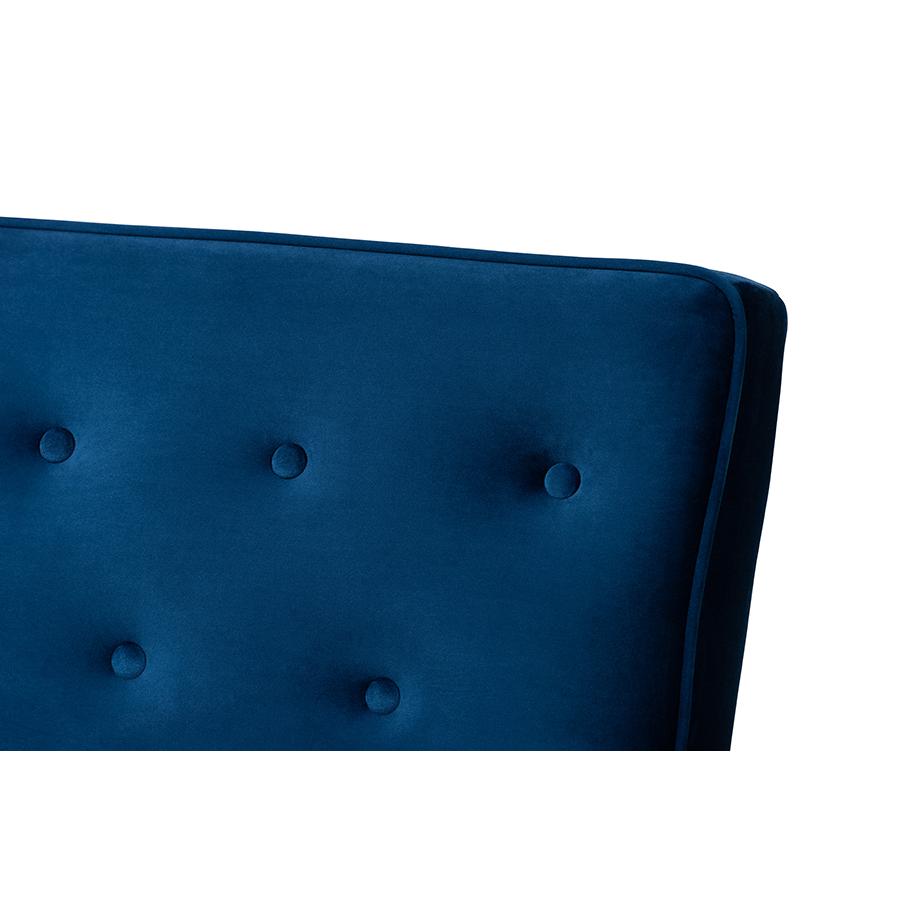 Baxton Studio Sorrento Mid-century Modern Navy Blue Velvet Fabric Upholstered Walnut Finished Wooden 3-seater Sofa. Picture 6