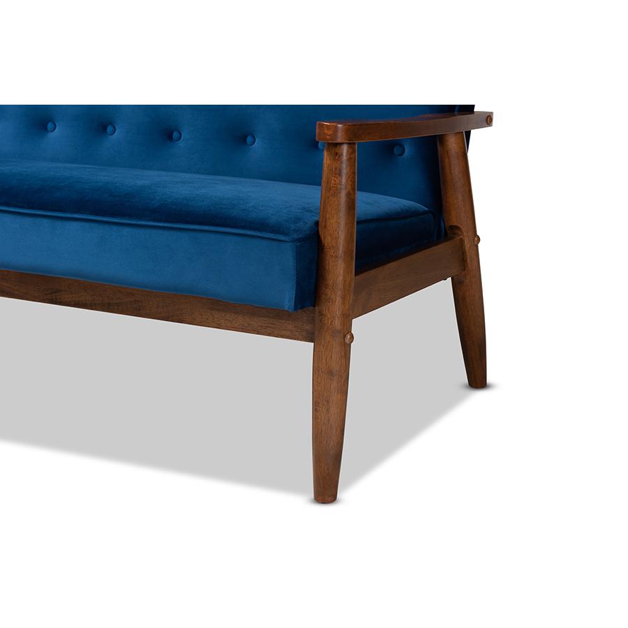 Baxton Studio Sorrento Mid-century Modern Navy Blue Velvet Fabric Upholstered Walnut Finished Wooden 3-seater Sofa. Picture 7