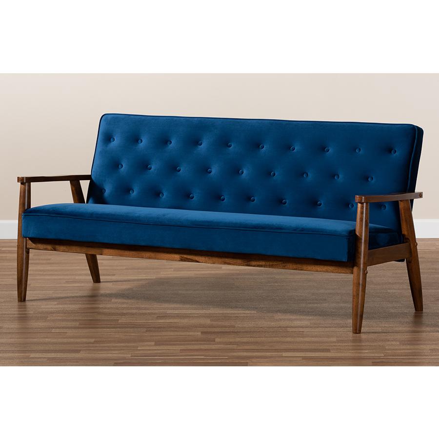 Baxton Studio Sorrento Mid-century Modern Navy Blue Velvet Fabric Upholstered Walnut Finished Wooden 3-seater Sofa. Picture 9