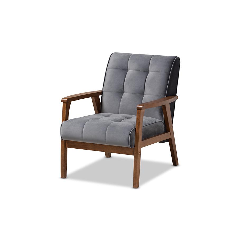 Baxton Studio Asta Mid-Century Modern Grey Velvet Fabric Upholstered Walnut Finished Wood Armchair. Picture 1