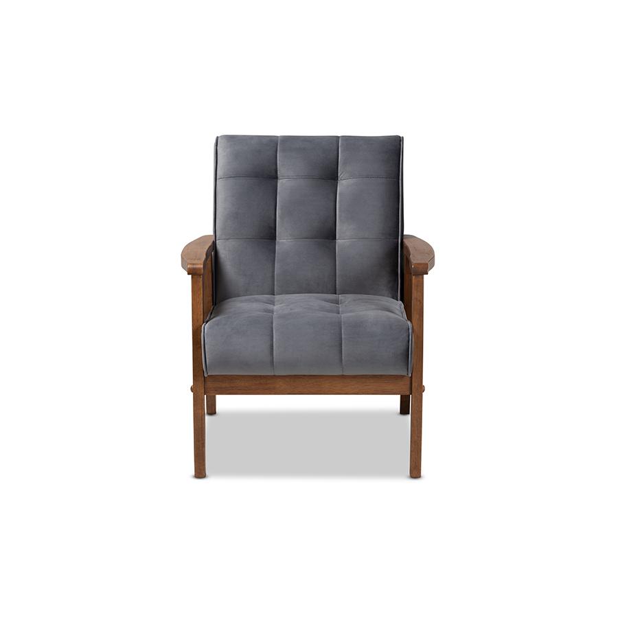 Baxton Studio Asta Mid-Century Modern Grey Velvet Fabric Upholstered Walnut Finished Wood Armchair. Picture 3