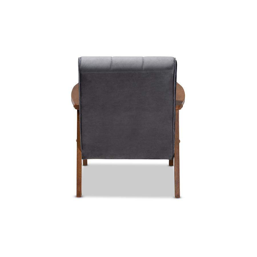 Baxton Studio Asta Mid-Century Modern Grey Velvet Fabric Upholstered Walnut Finished Wood Armchair. Picture 5