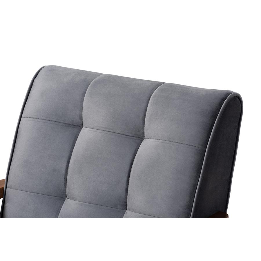 Baxton Studio Asta Mid-Century Modern Grey Velvet Fabric Upholstered Walnut Finished Wood Armchair. Picture 6