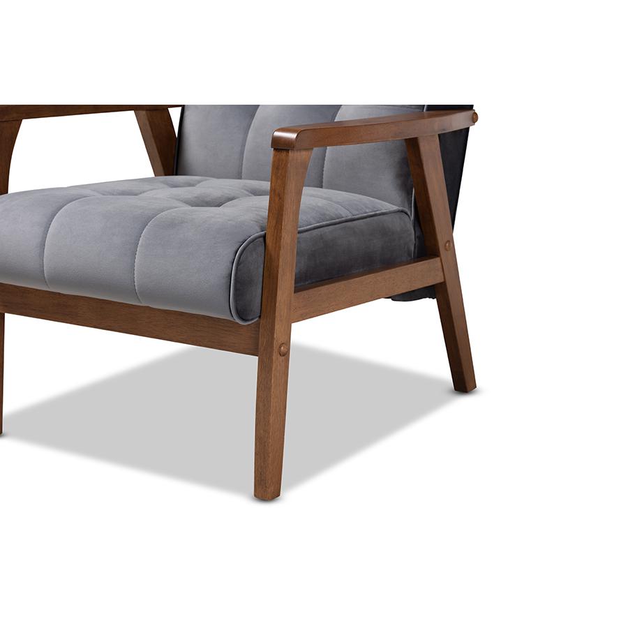 Baxton Studio Asta Mid-Century Modern Grey Velvet Fabric Upholstered Walnut Finished Wood Armchair. Picture 7