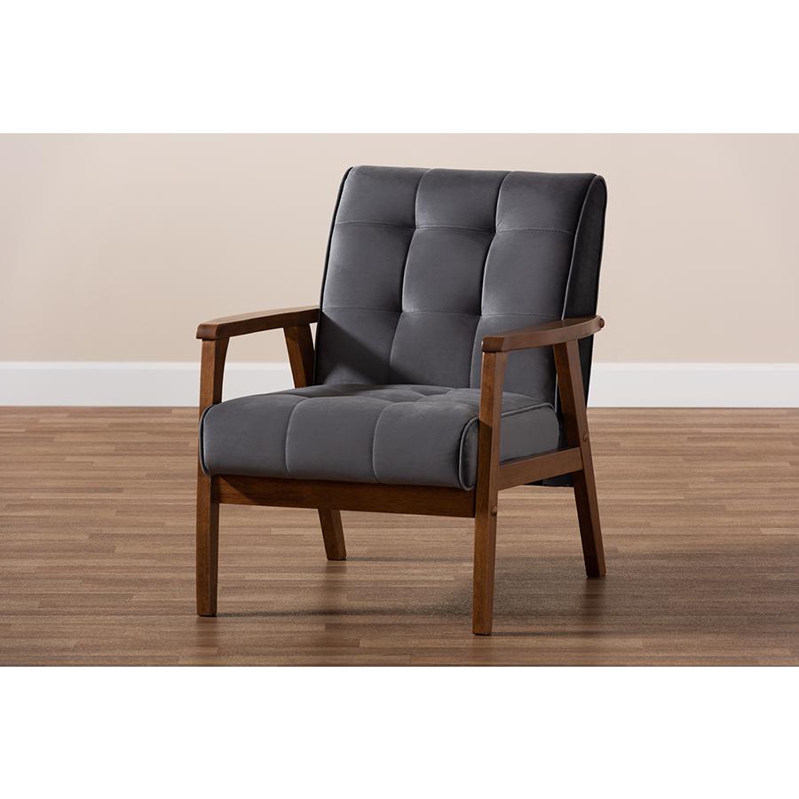 Baxton Studio Asta Mid-Century Modern Grey Velvet Fabric Upholstered Walnut Finished Wood Armchair. Picture 9
