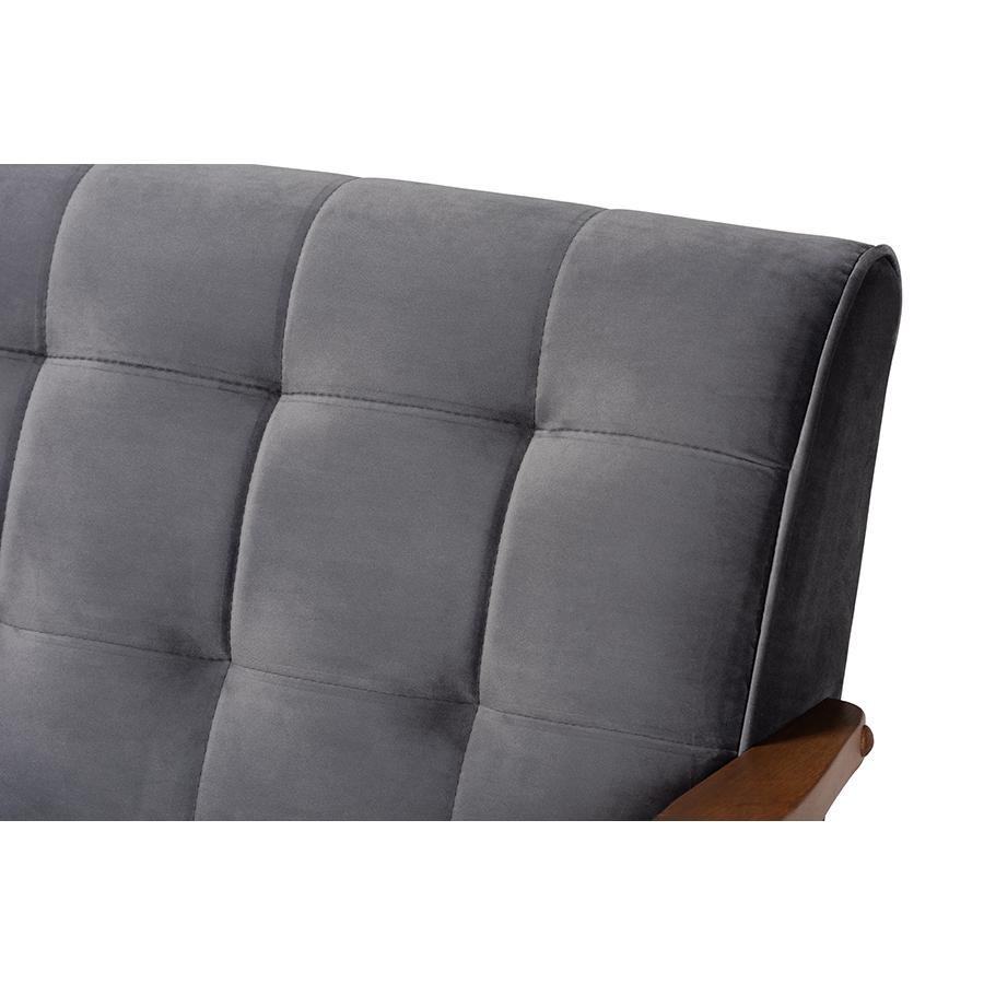 Grey Velvet Fabric Upholstered Walnut Finished Wood 3-Piece Living Room Set. Picture 4