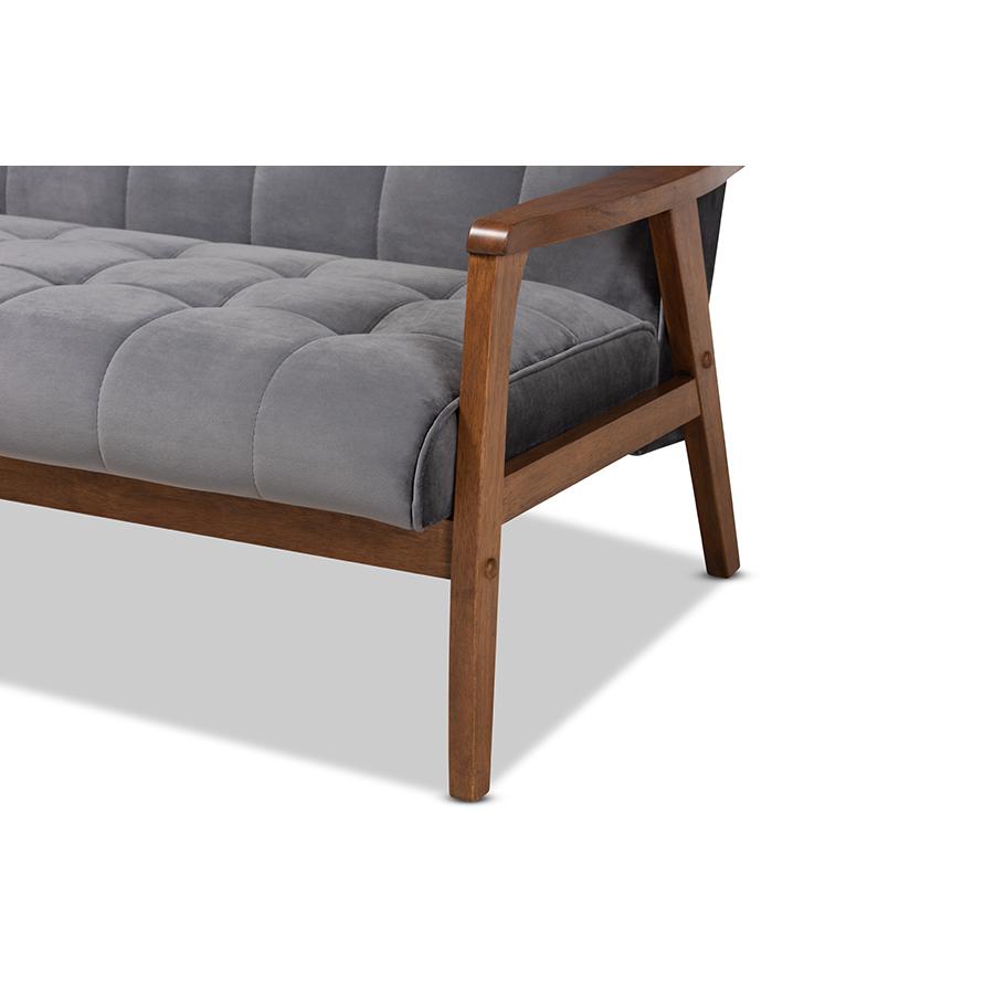 Grey Velvet Fabric Upholstered Walnut Finished Wood 3-Piece Living Room Set. Picture 5