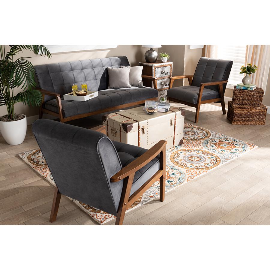Baxton Studio Asta Mid-Century Modern Grey Velvet Fabric Upholstered Walnut Finished Wood 3-Piece Living Room Set. Picture 2