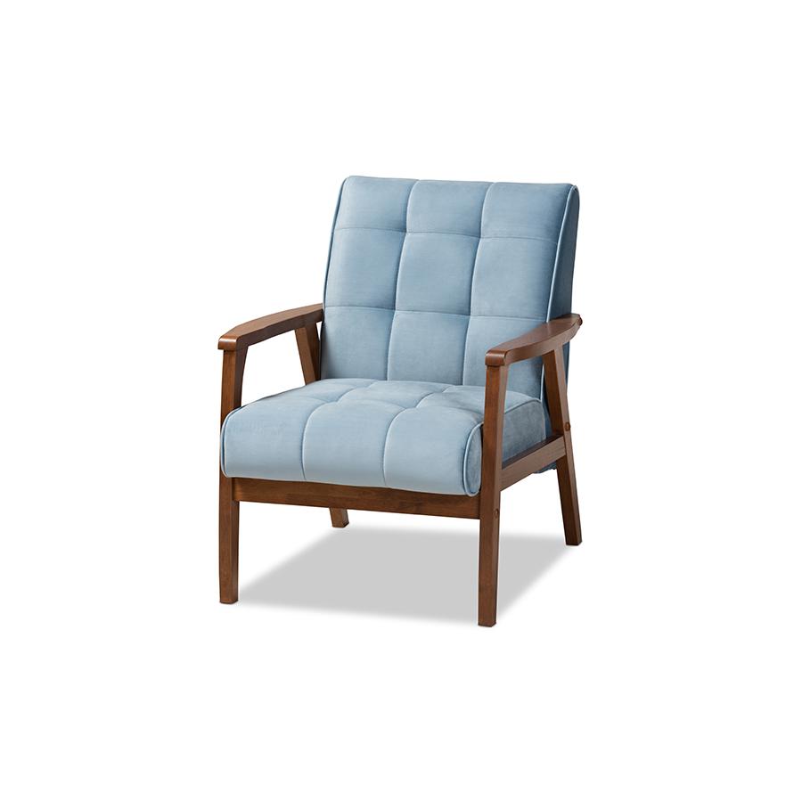 Baxton Studio Asta Mid-Century Modern Light Blue Velvet Fabric Upholstered Walnut Finished Wood Armchair. The main picture.