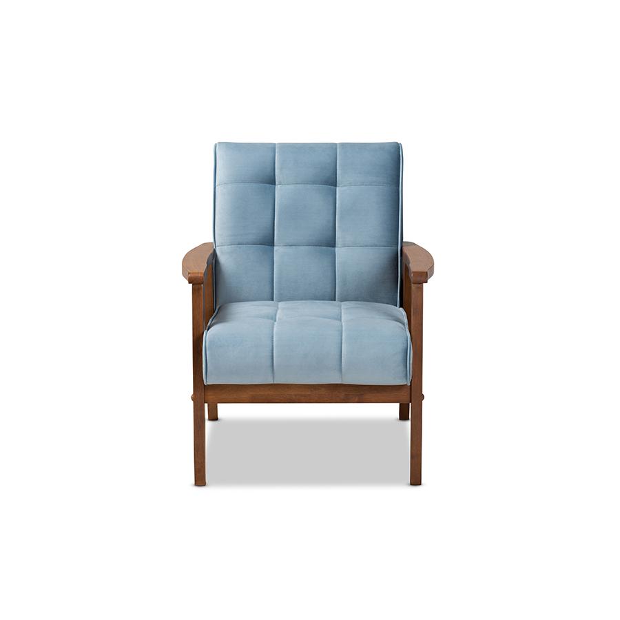 Baxton Studio Asta Mid-Century Modern Light Blue Velvet Fabric Upholstered Walnut Finished Wood Armchair. Picture 3