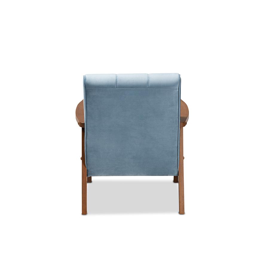 Baxton Studio Asta Mid-Century Modern Light Blue Velvet Fabric Upholstered Walnut Finished Wood Armchair. Picture 5