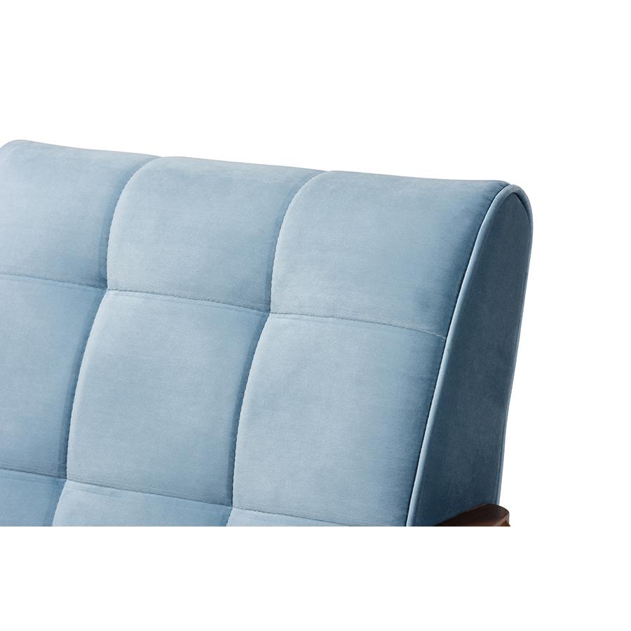 Baxton Studio Asta Mid-Century Modern Light Blue Velvet Fabric Upholstered Walnut Finished Wood Armchair. Picture 6
