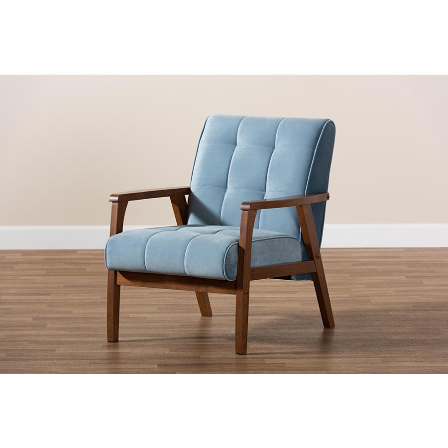 Baxton Studio Asta Mid-Century Modern Light Blue Velvet Fabric Upholstered Walnut Finished Wood Armchair. Picture 9
