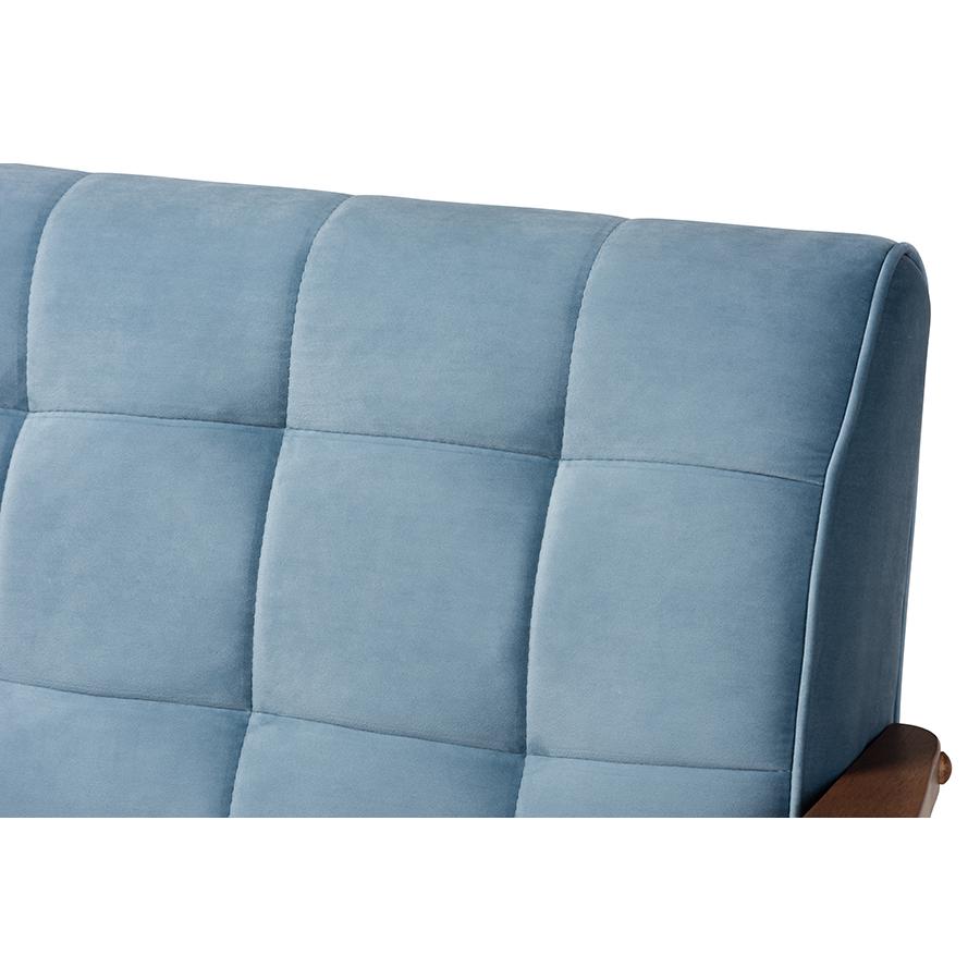 Baxton Studio Asta Mid-Century Modern Light Blue Velvet Fabric Upholstered Walnut Finished Wood 3-Piece Living Room Set. Picture 5