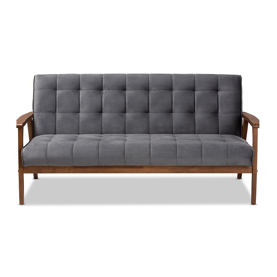 Baxton Studio Asta Mid-Century Modern Grey Velvet Fabric Upholstered Walnut Finished Wood Sofa. Picture 3