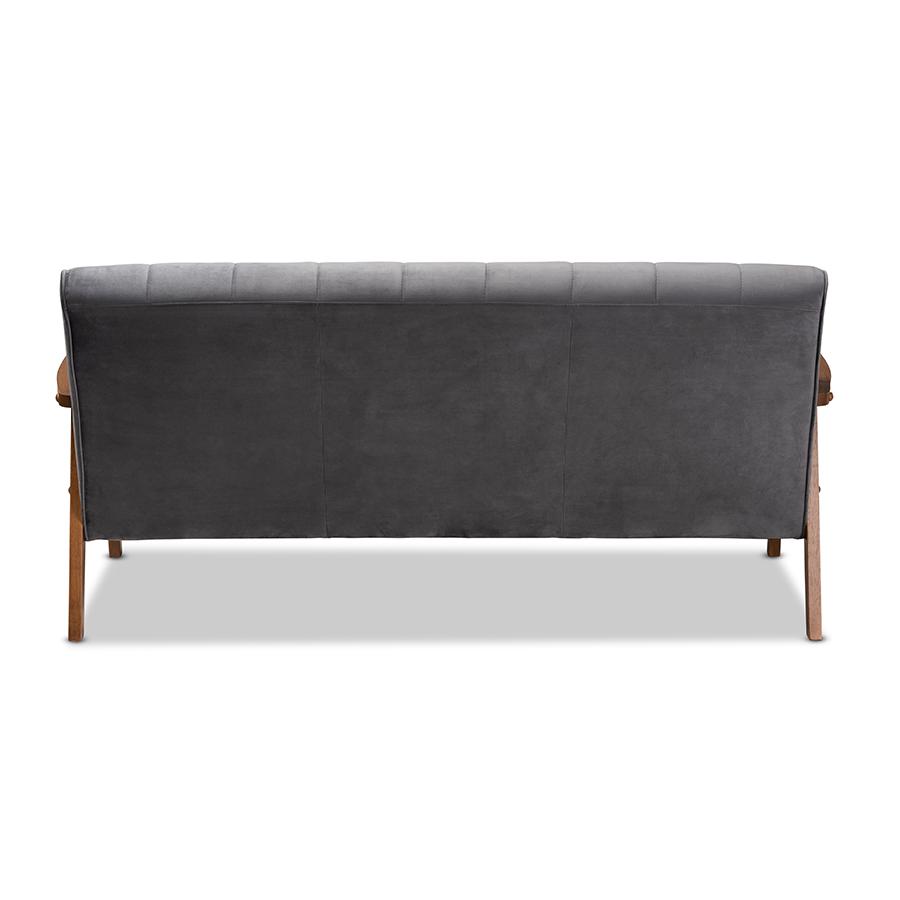 Baxton Studio Asta Mid-Century Modern Grey Velvet Fabric Upholstered Walnut Finished Wood Sofa. Picture 5